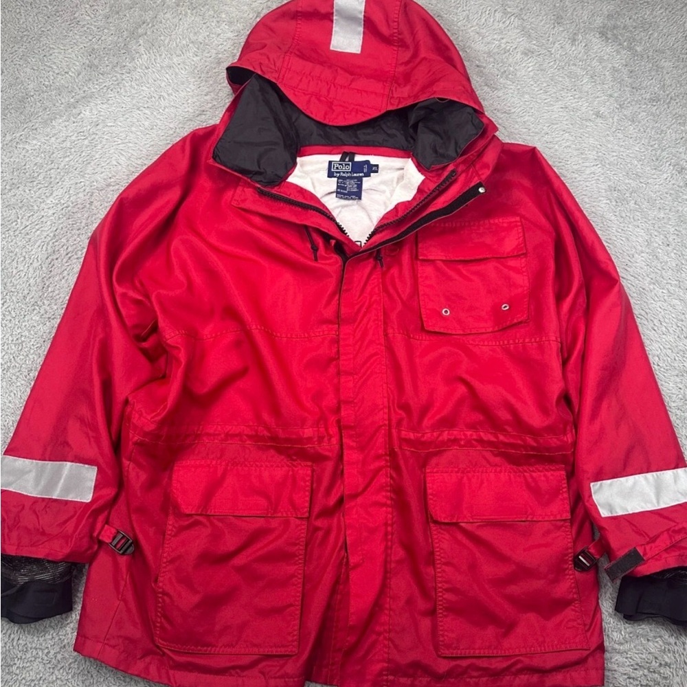 Vintage Polo Ralph Lauren Sailing Jacket Mens XL Red High Viz Hooded.